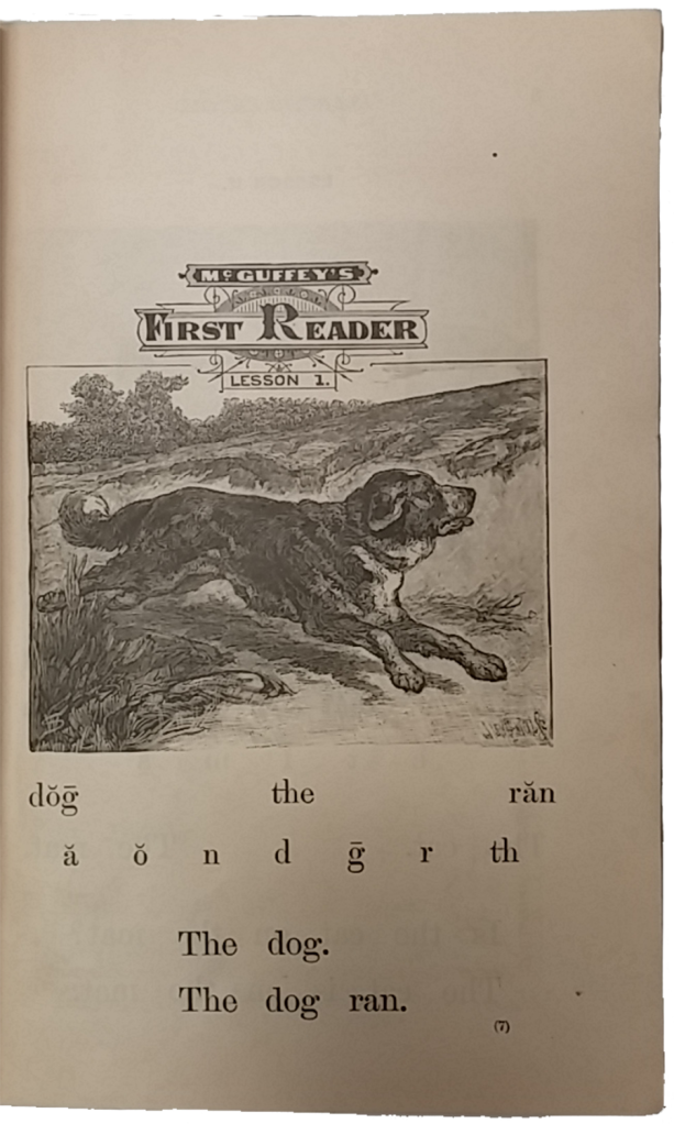 Scanned page from 1879 McGuffey Reader. Black and white illustration shows a dog running outdoors. Text says "The dog. The dog ran."